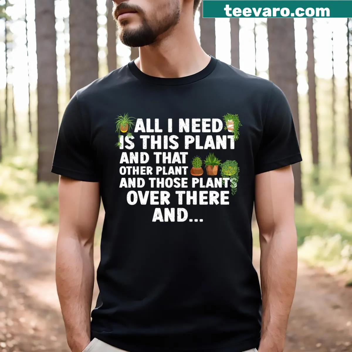 Gardening-themed t-shirt featuring playful plant illustrations — on a men's t-shirt