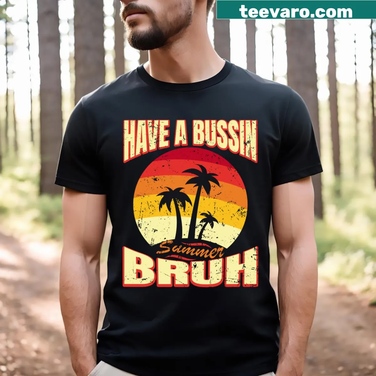 Funny tropical palm trees T-shirt with humorous vacation graphic — on a men's t-shirt