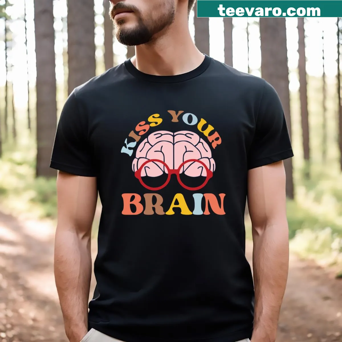 Teacher appreciation t-shirt with 'Kiss Your Brain' text and cheerful design — on a men's t-shirt