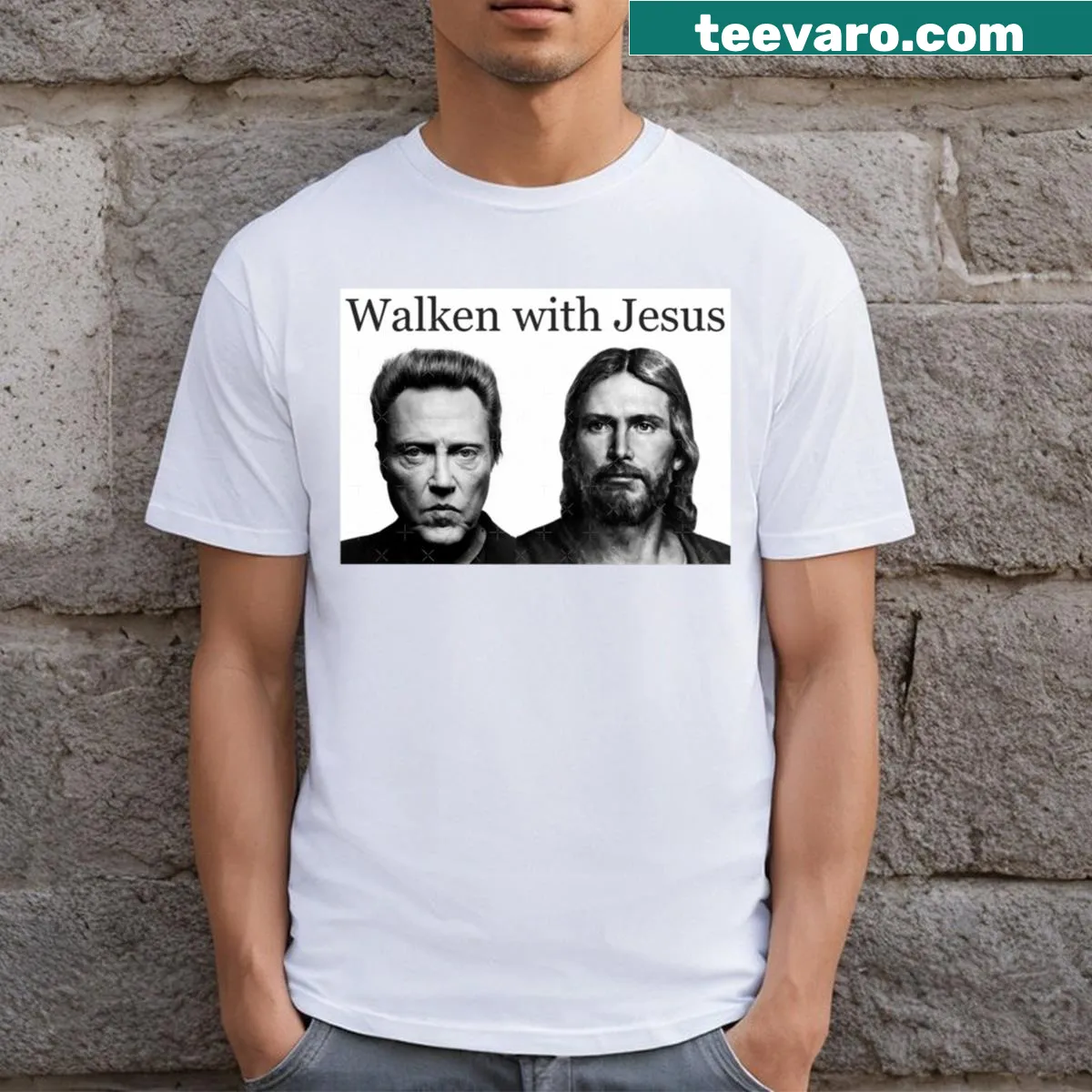 Spiritual t-shirt with 'Walking With Jesus' text — on a men's t-shirt