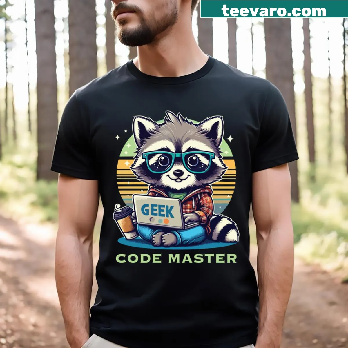 Funny raccoon coding on laptop T-shirt with humorous programming quote — on a men's t-shirt