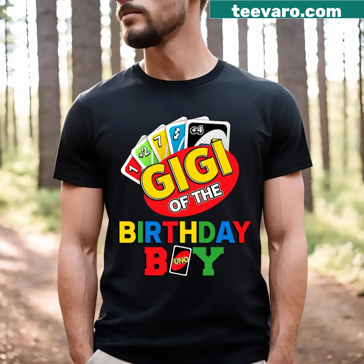 T-shirt for Gigi with Uno cards for a birthday celebration — on a men's t-shirt
