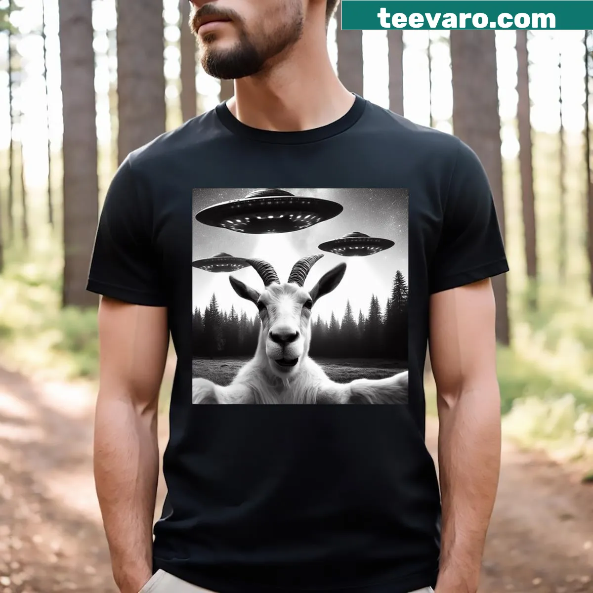 Funny goat selfie with alien UFO cartoon design — on a men's t-shirt