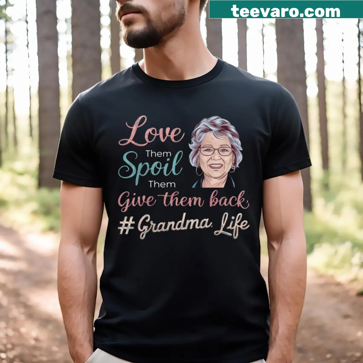 Funny grandmother gift t-shirt with humorous text about spoiling grandkids — on a men's t-shirt