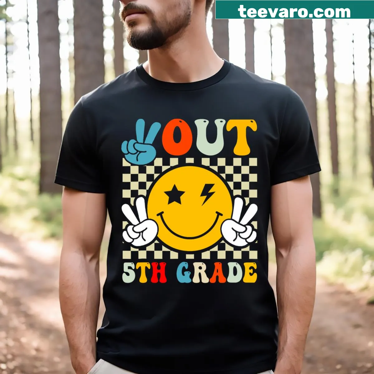 Fun T-shirt celebrating 5th grade graduation with a groovy design — on a men's t-shirt
