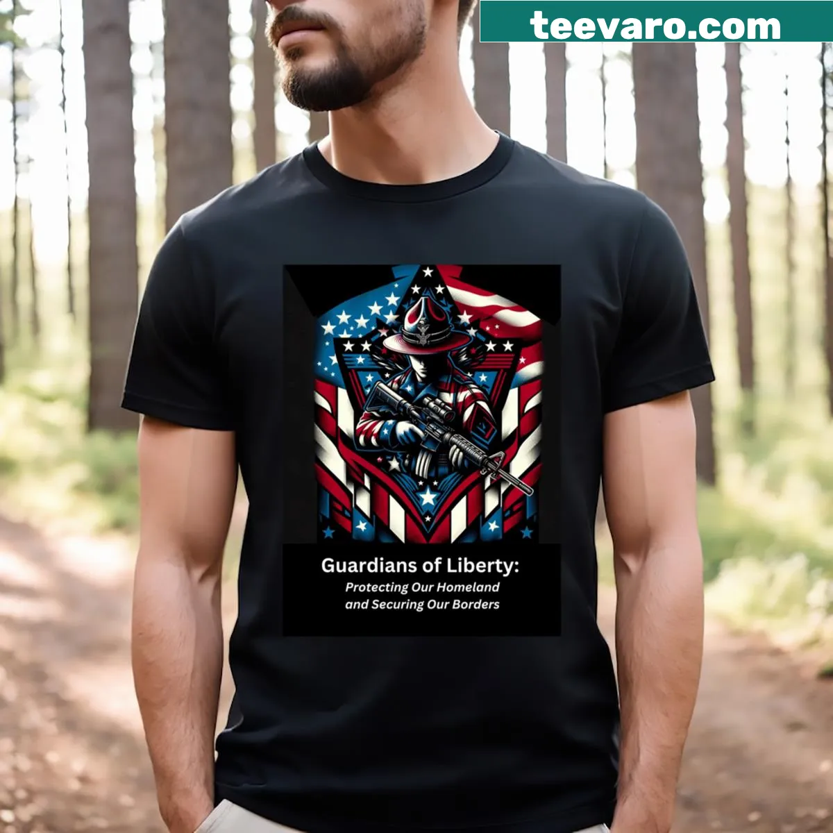 Patriotic T-shirt with a message about liberty and homeland protection — on a men's t-shirt