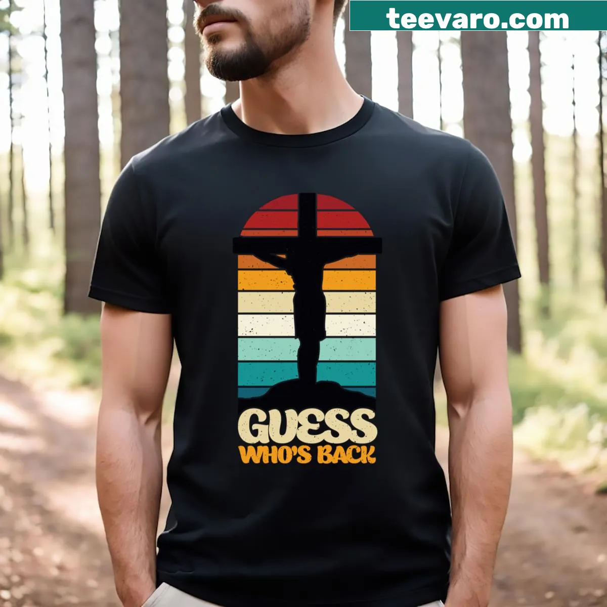 Funny Christian quote T-shirt with Guess Who's Back — on a men's t-shirt