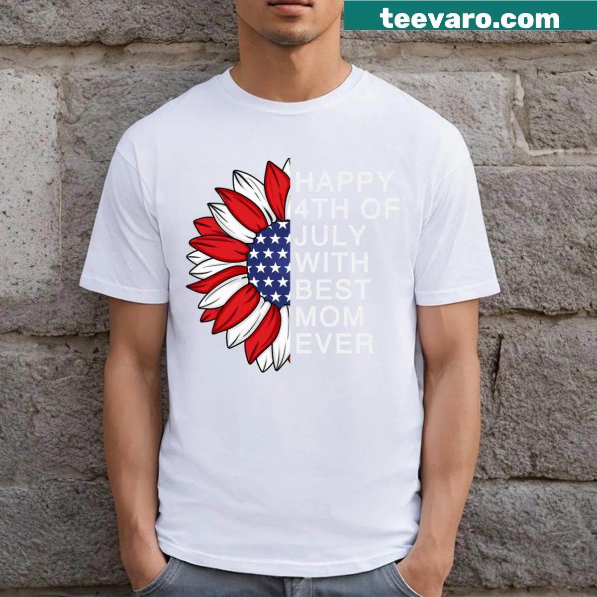 4th of July t-shirt celebrating mothers with festive text — on a men's t-shirt