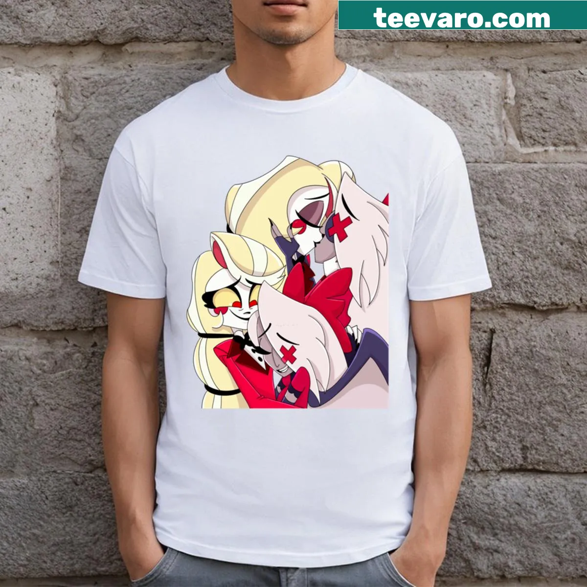 Illustration of Charlie and Vaggie from Hazbin Hotel on a T-shirt — on a men's t-shirt