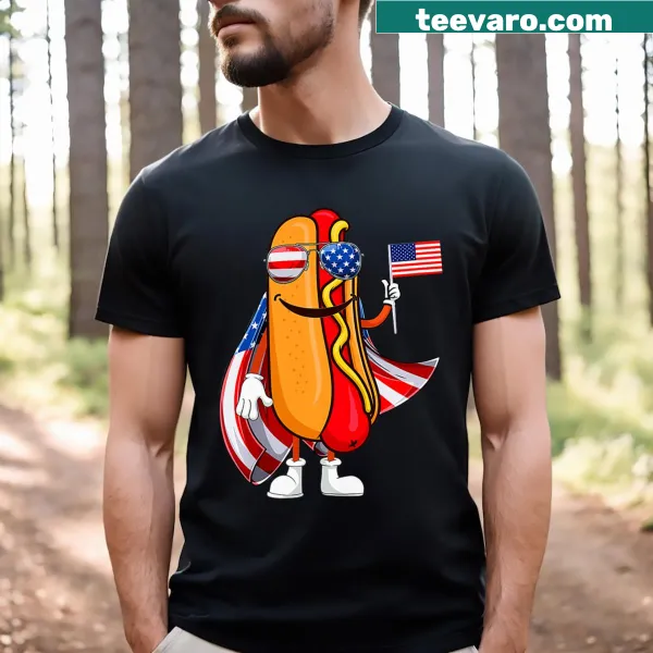 Funny t-shirt with a hotdog in sunglasses and American flag design