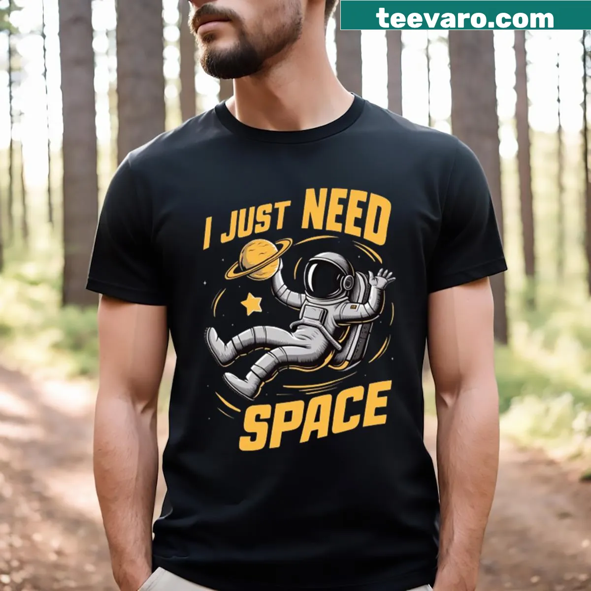 Funny astronaut graphic T-shirt saying 'I Just Need Space' — on a men's t-shirt