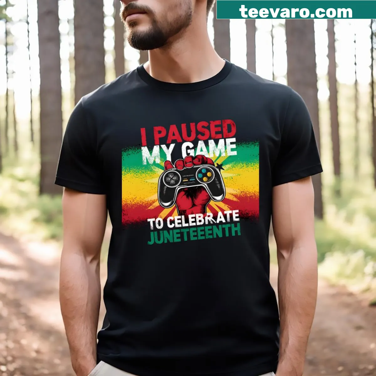 T-shirt with the phrase 'I Paused My Game To Celebrate Juneteenth' in bold text — on a men's t-shirt