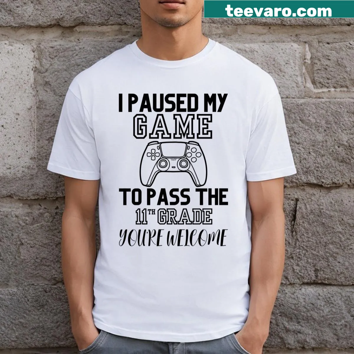 Funny t-shirt with the saying about pausing gaming for school achievement. — on a men's t-shirt