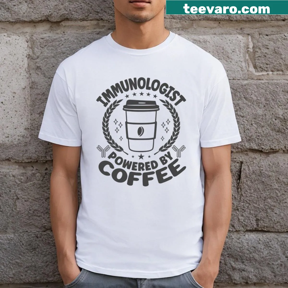 Funny T-shirt for immunologists featuring coffee and immunology design — on a men's t-shirt