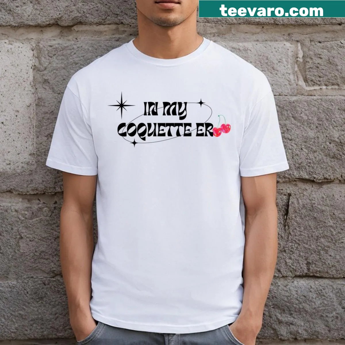 Charming T-shirt featuring 'In My Coquette Era' text design. — on a men's t-shirt