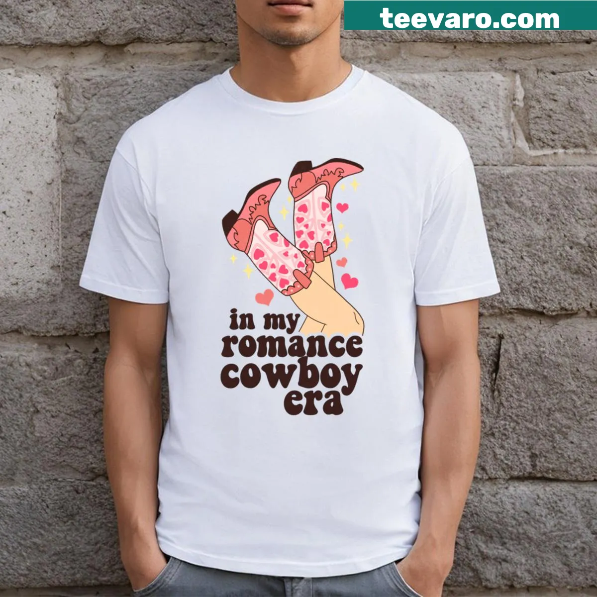 Funny bookish pink T-shirt with cowboy romance theme — on a men's t-shirt