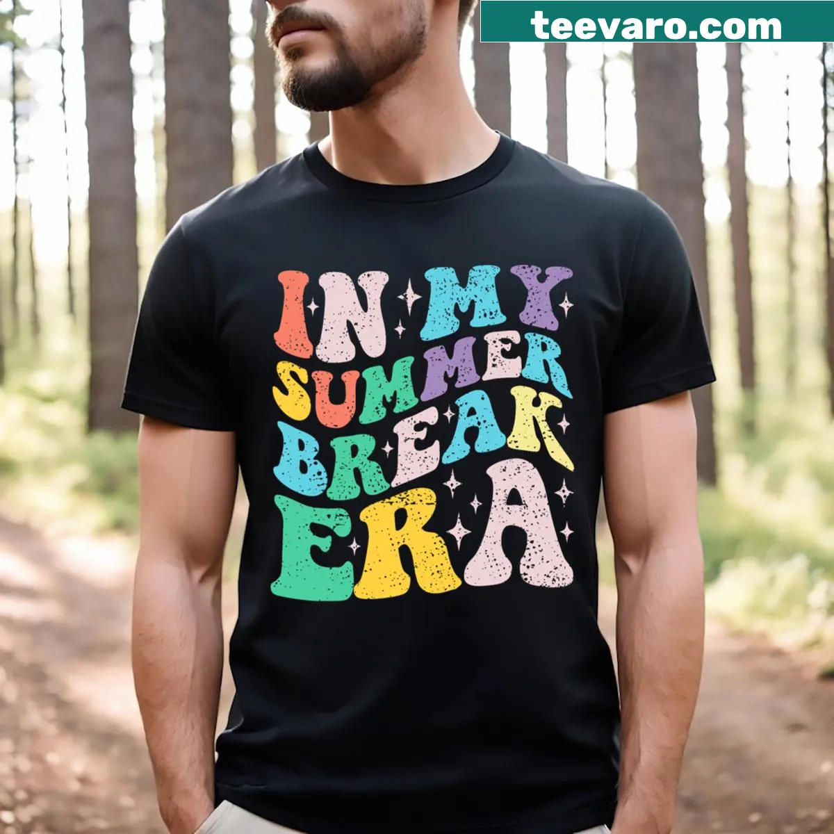 Groovy summer break T-shirt for teachers with playful design — on a men's t-shirt