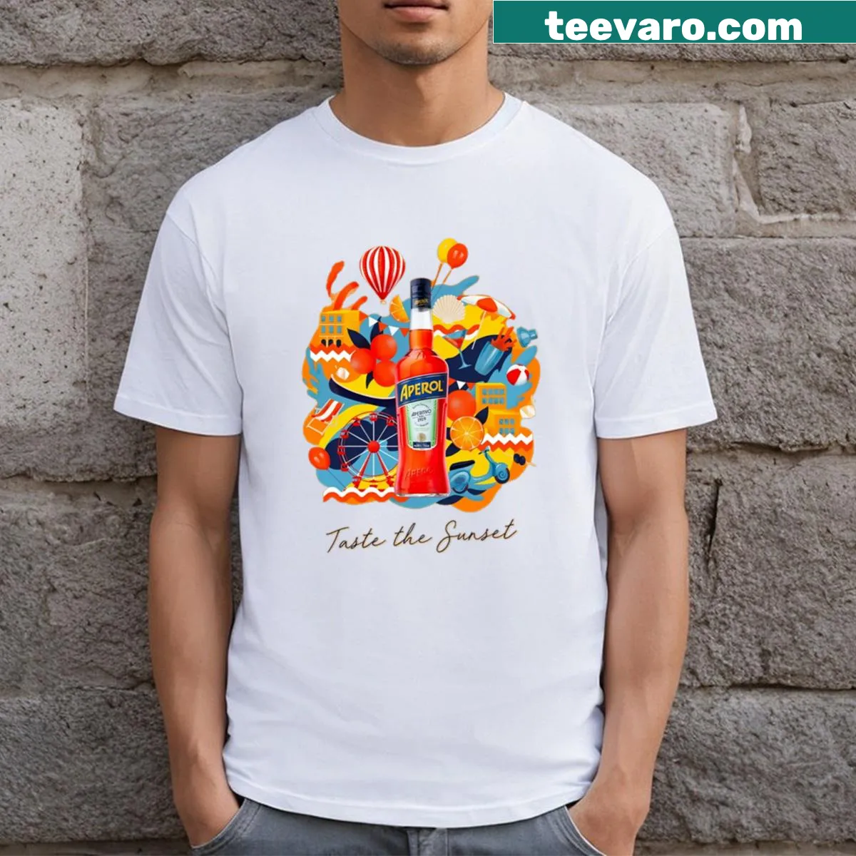 Aperol Spritz themed t-shirt with playful graphic design — on a men's t-shirt