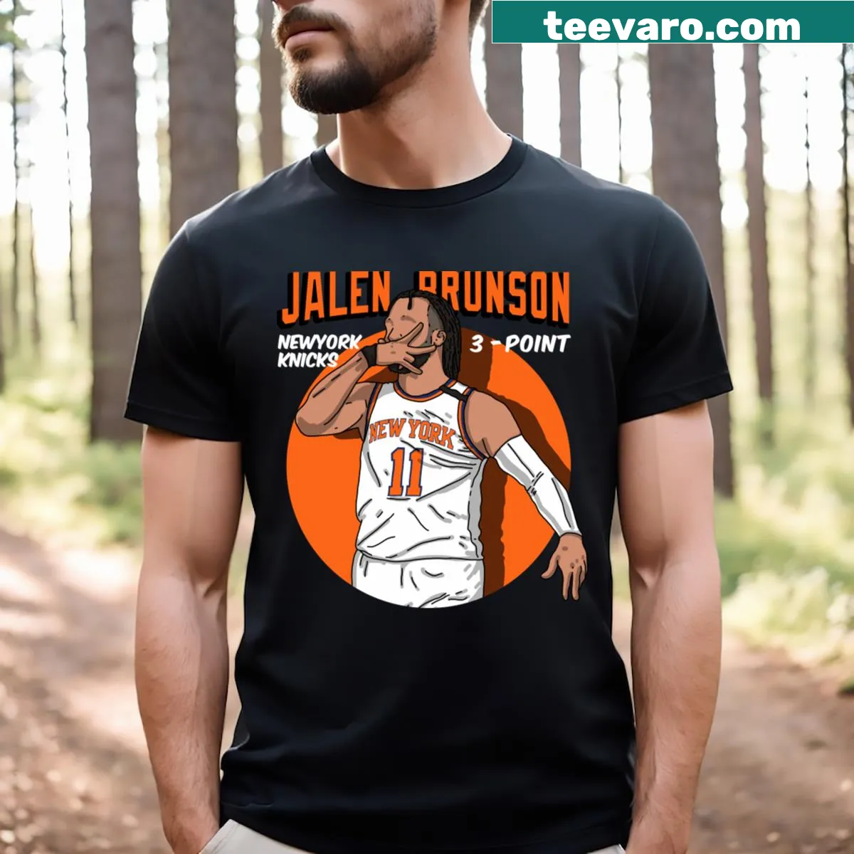 Jalen Brunson T-shirt celebrating three-point shots in basketball — on a men's t-shirt