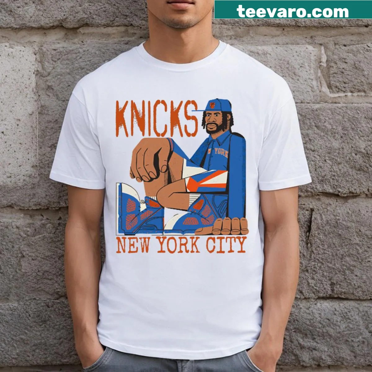 Bold typography featuring the Knicks team name — on a men's t-shirt
