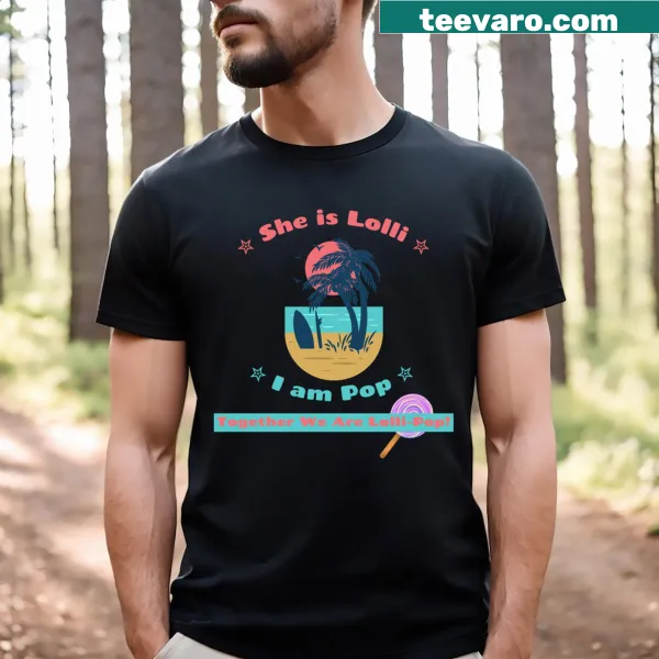 Retro palm trees with 'She is Lolli, I am Pop' text for couples.