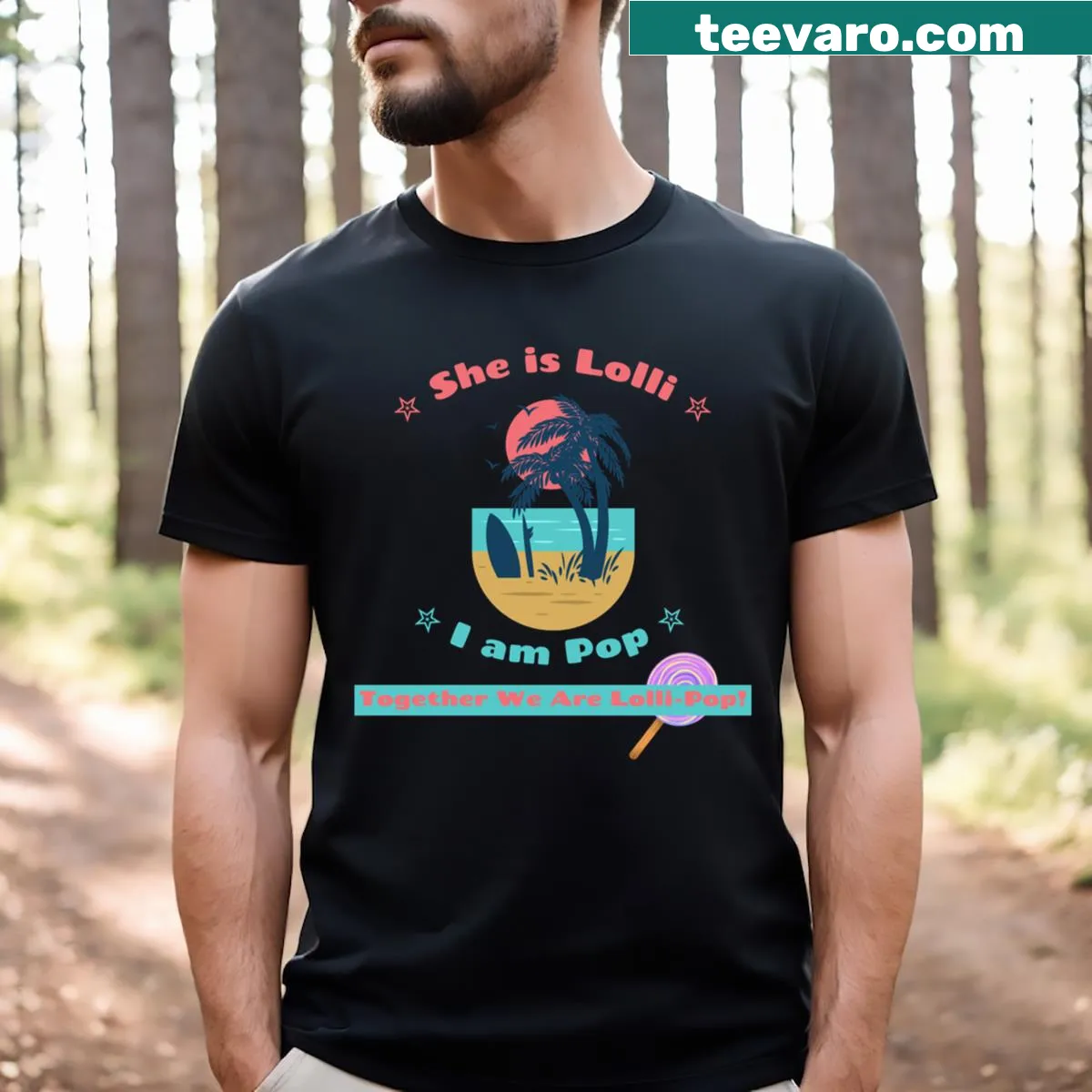 Retro palm trees with 'She is Lolli, I am Pop' text for couples. — on a men's t-shirt