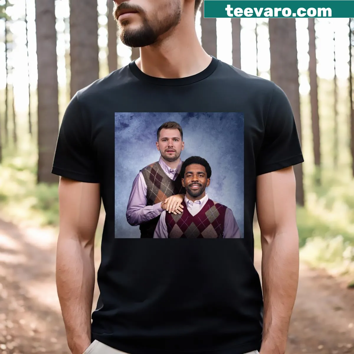 Graphic of Luka and Kyrie as stepbrothers for basketball fans. — on a men's t-shirt