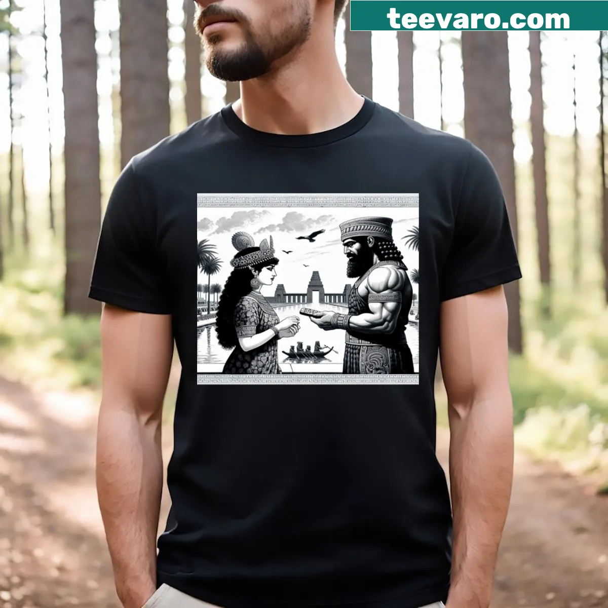 Mesopotamia-themed t-shirt with historical elements and typography — on a men's t-shirt