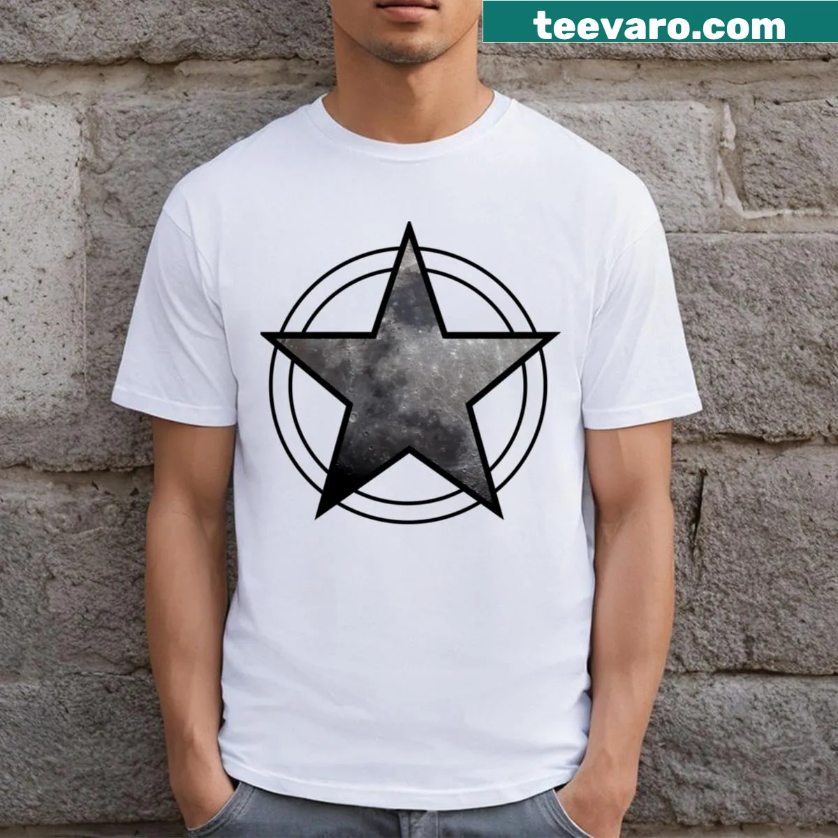 Pentacle design against a moon graphic T-shirt for spiritual themes — on a men's t-shirt