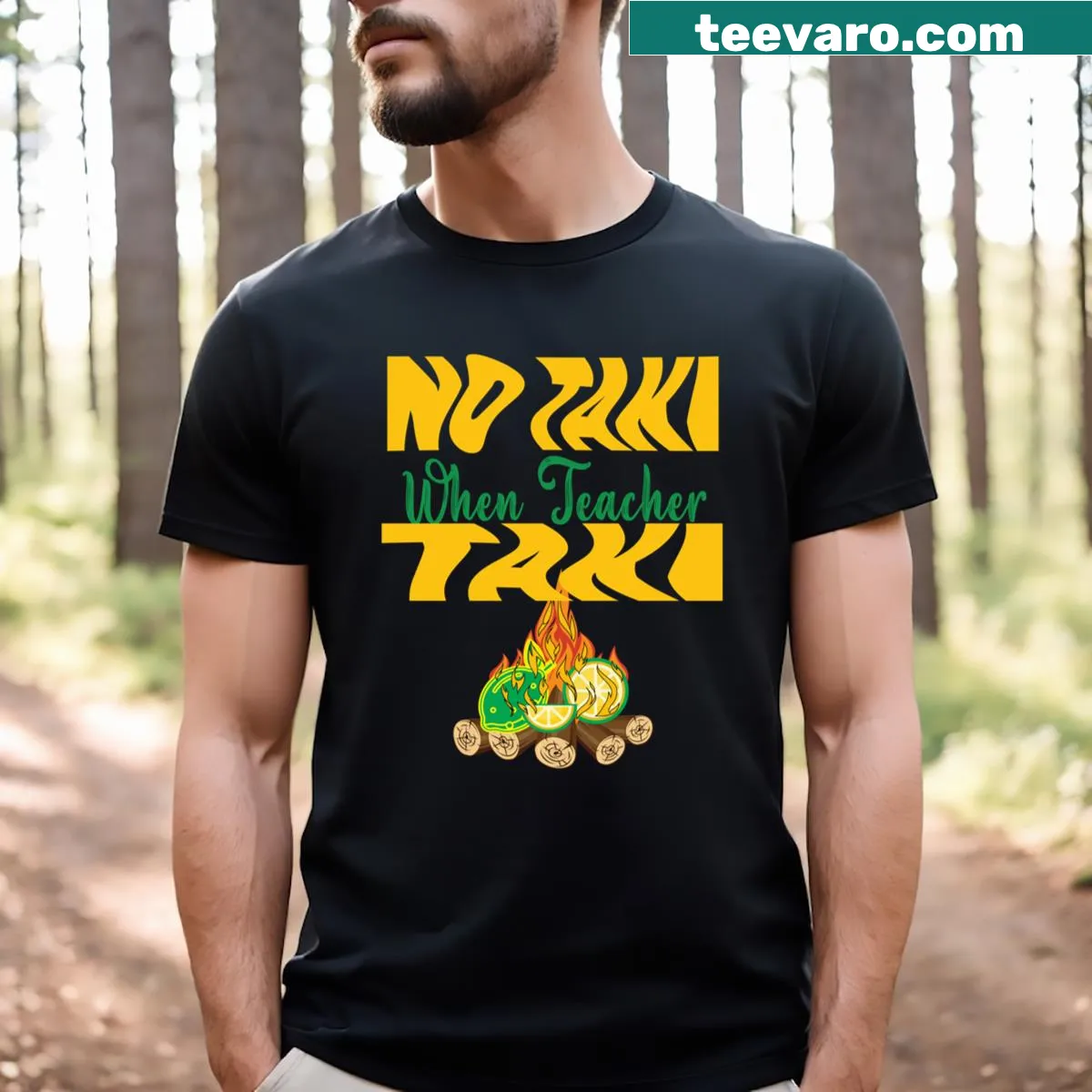 Funny teacher T-shirt with the phrase 'No Taki When Teacher Taki.' — on a men's t-shirt
