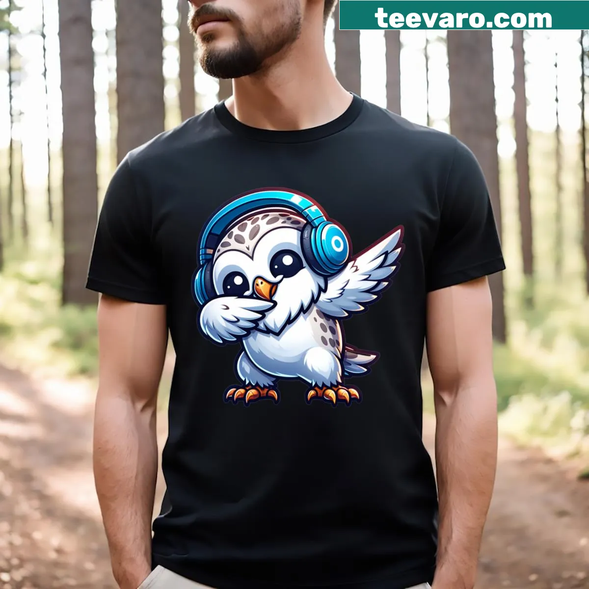 Cartoon owl wearing headphones on a T-shirt — on a men's t-shirt