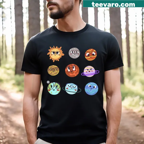 T-shirt with funny illustrated planets and stickers