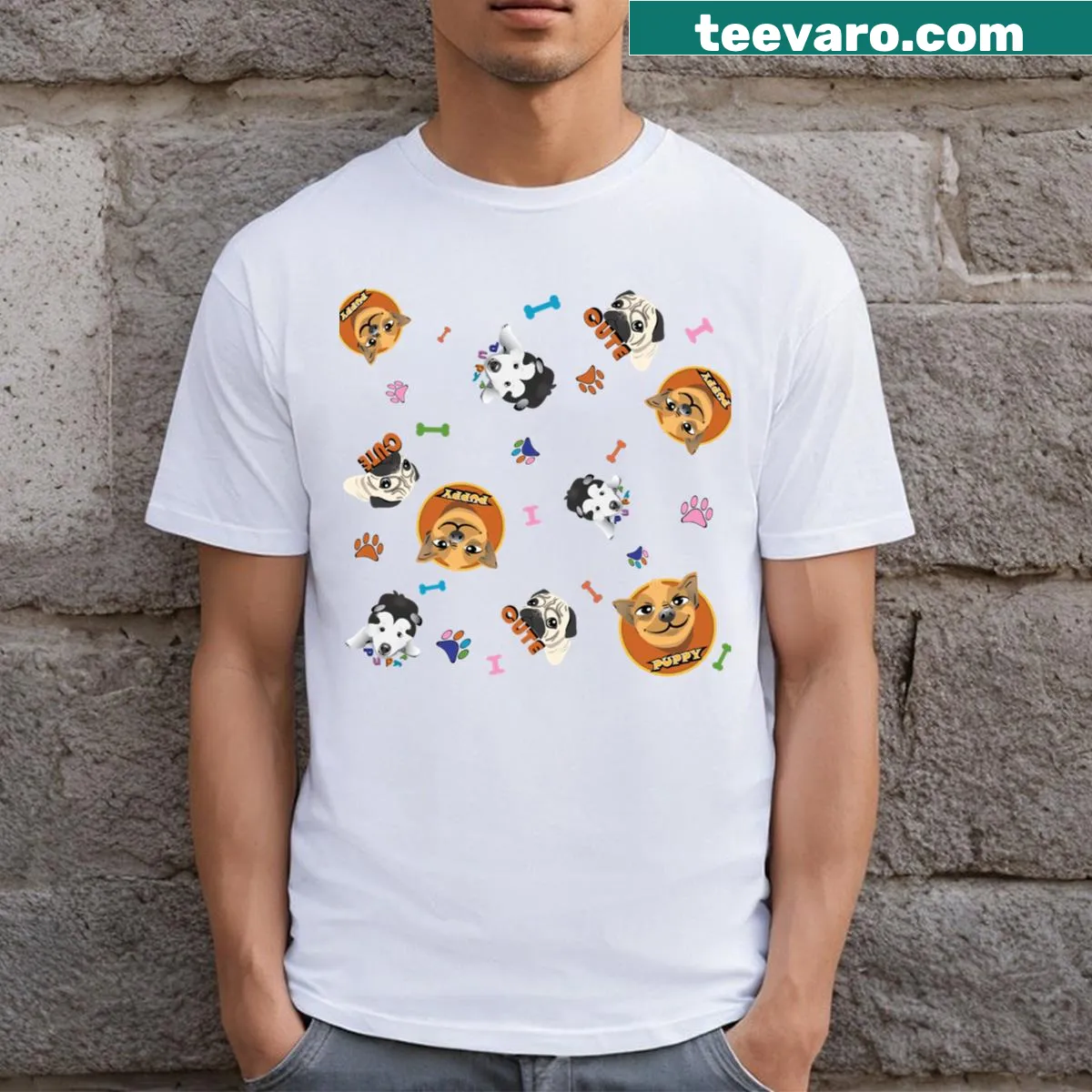 Playful dog pattern t-shirt featuring various dog illustrations — on a men's t-shirt