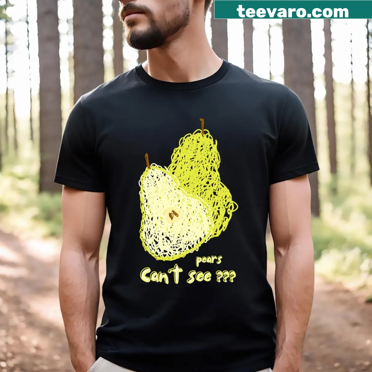 Funny pun graphic T-shirt featuring the phrase 'Pears Can't See Pears.' — on a men's t-shirt