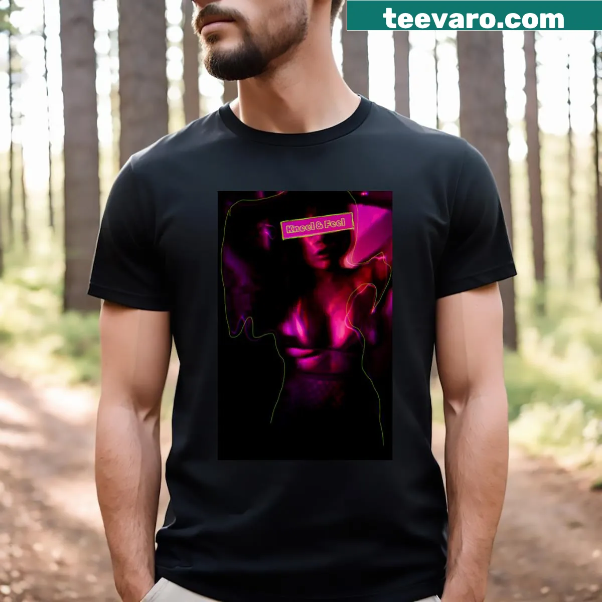 T-shirt with vibrant pink and purple neon typography that encourages positivity — on a men's t-shirt
