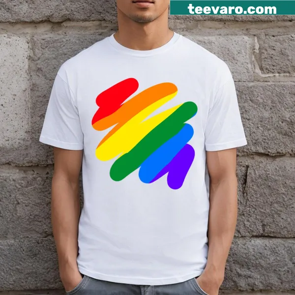 T-shirt featuring the pride flag swatches.