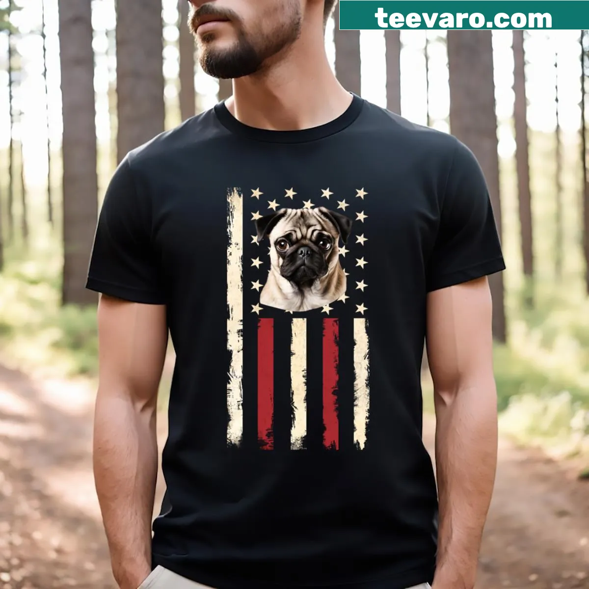 Pug Patriot t-shirt featuring a patriotic design — on a men's t-shirt