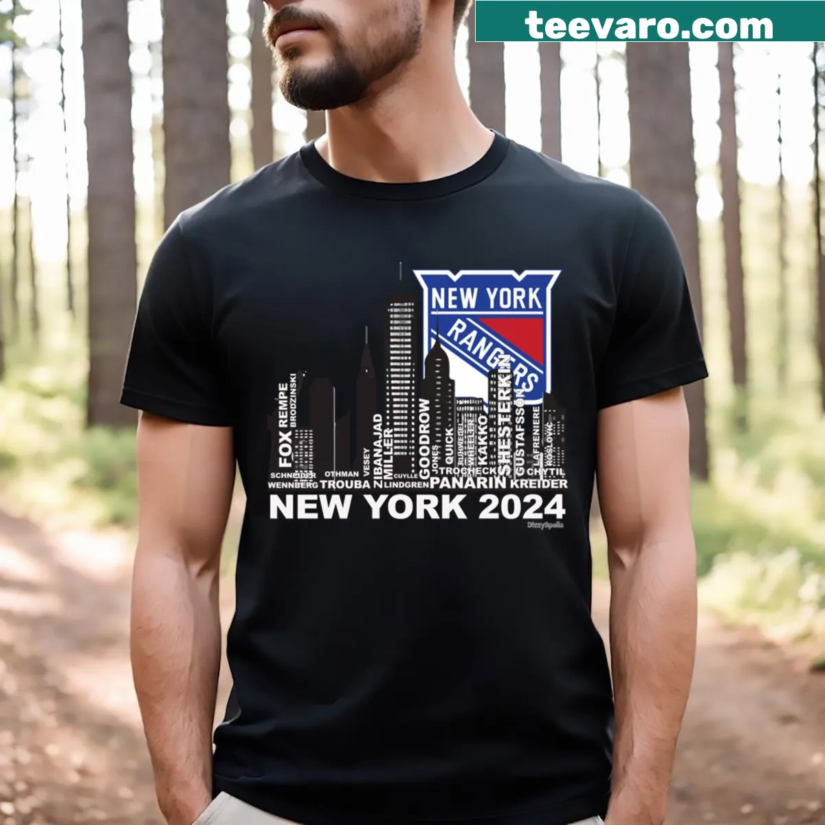 Bold Rangers NYC graphic T-shirt with front and back design — on a men's t-shirt