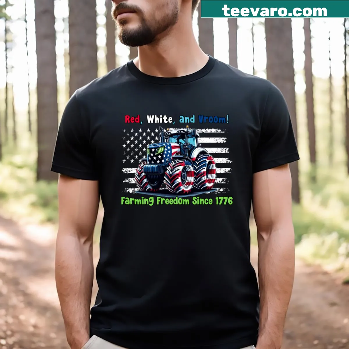 Patriotic farming-themed t-shirt with cartoon tractor and humorous text — on a men's t-shirt