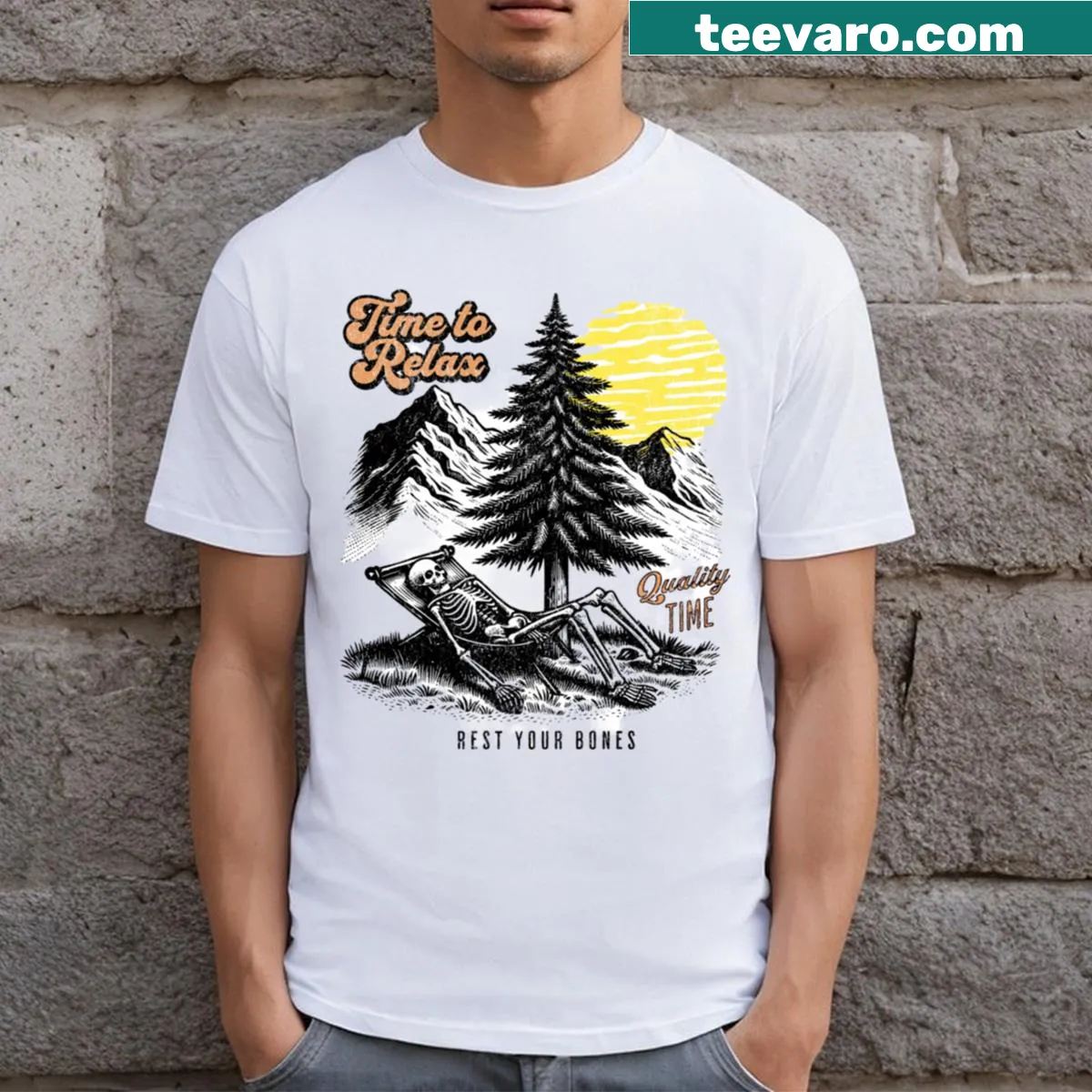 T-shirt featuring a camper van and mountains with a skull illustration for camping lovers. — on a men's t-shirt