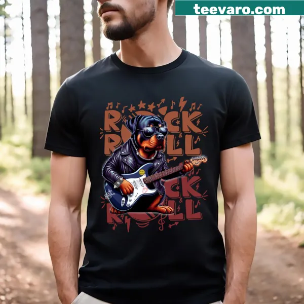 Playful cartoon Rottweiler with rock and roll elements on T-shirt