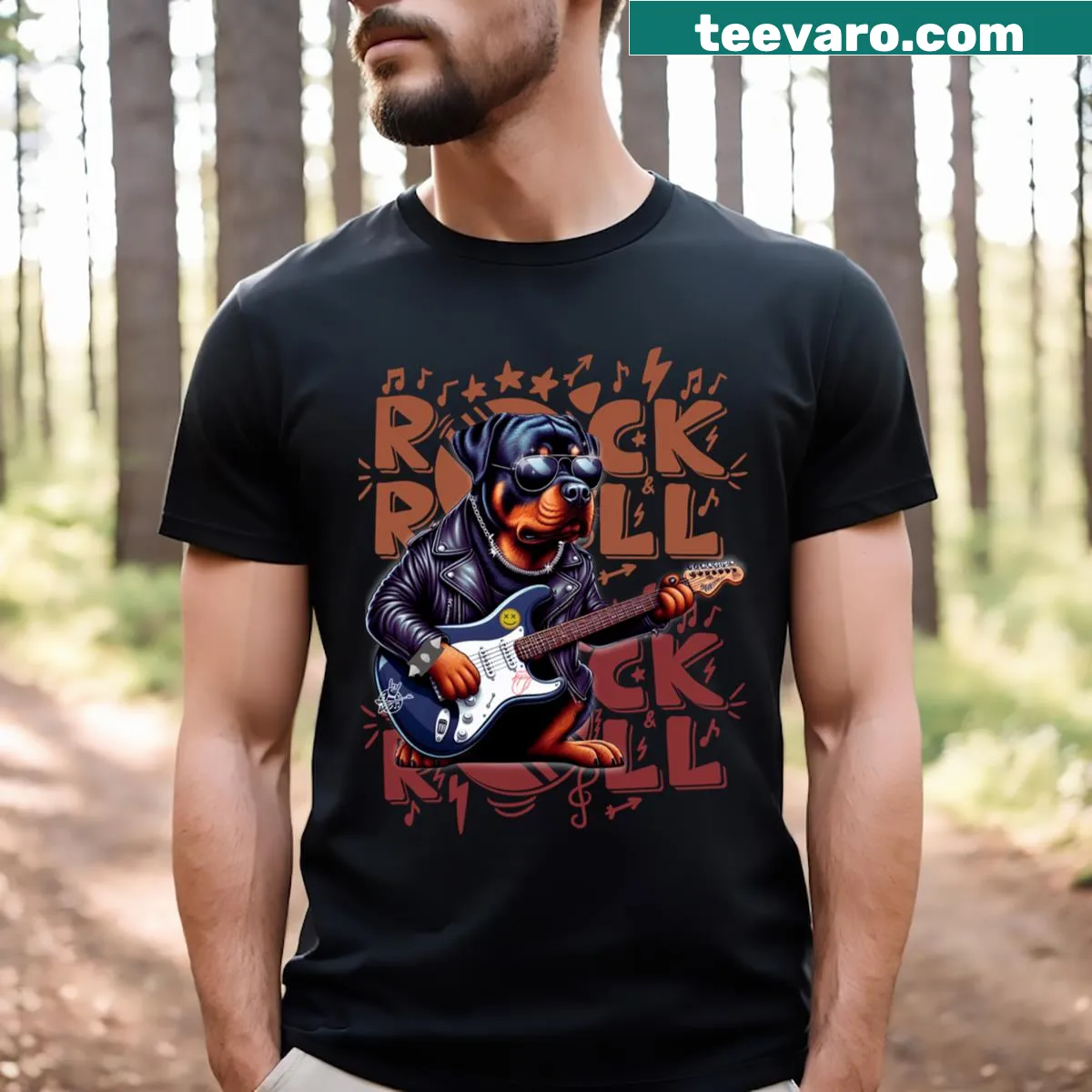 Playful cartoon Rottweiler with rock and roll elements on T-shirt — on a men's t-shirt