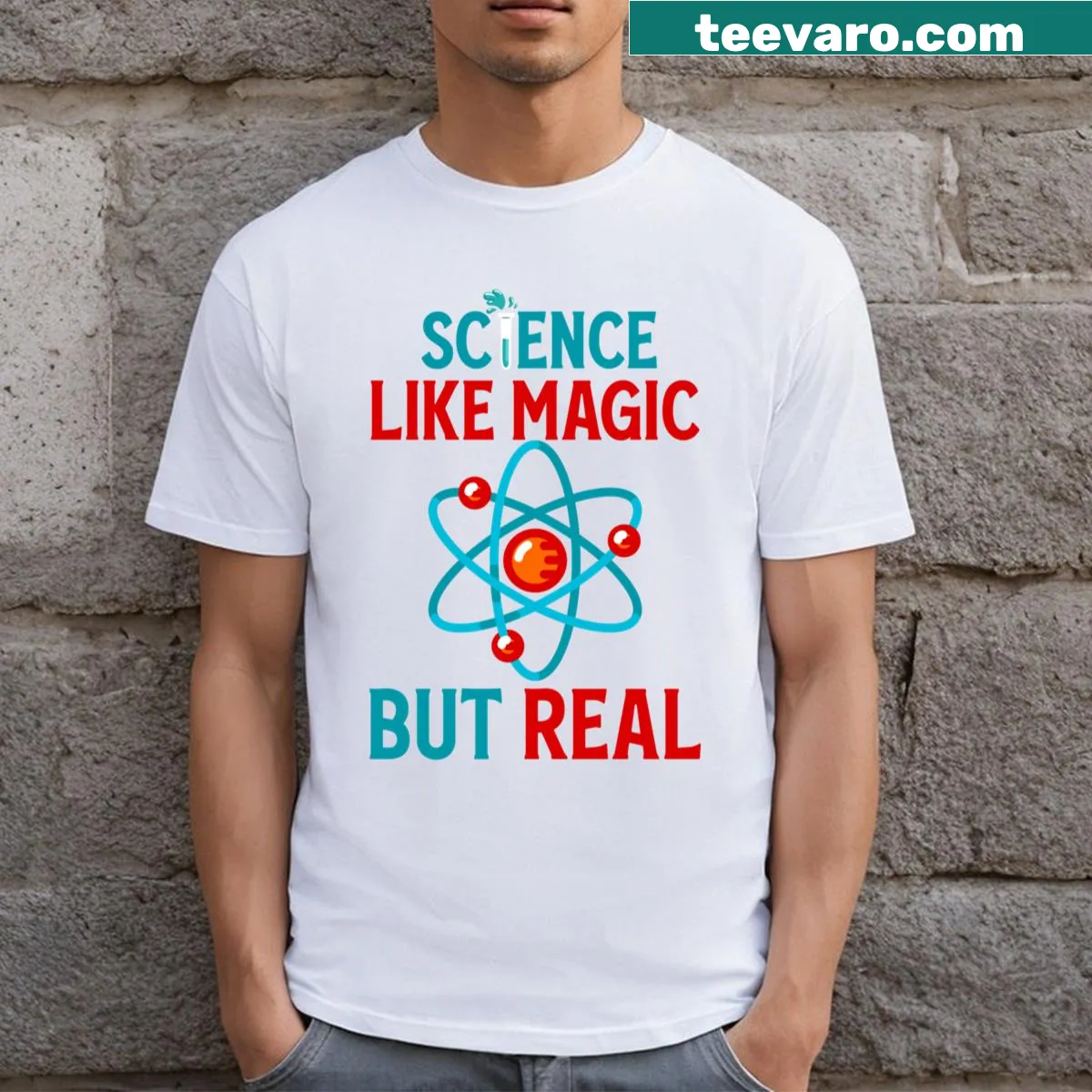 Humorous typography shirt about science and magic — on a men's t-shirt