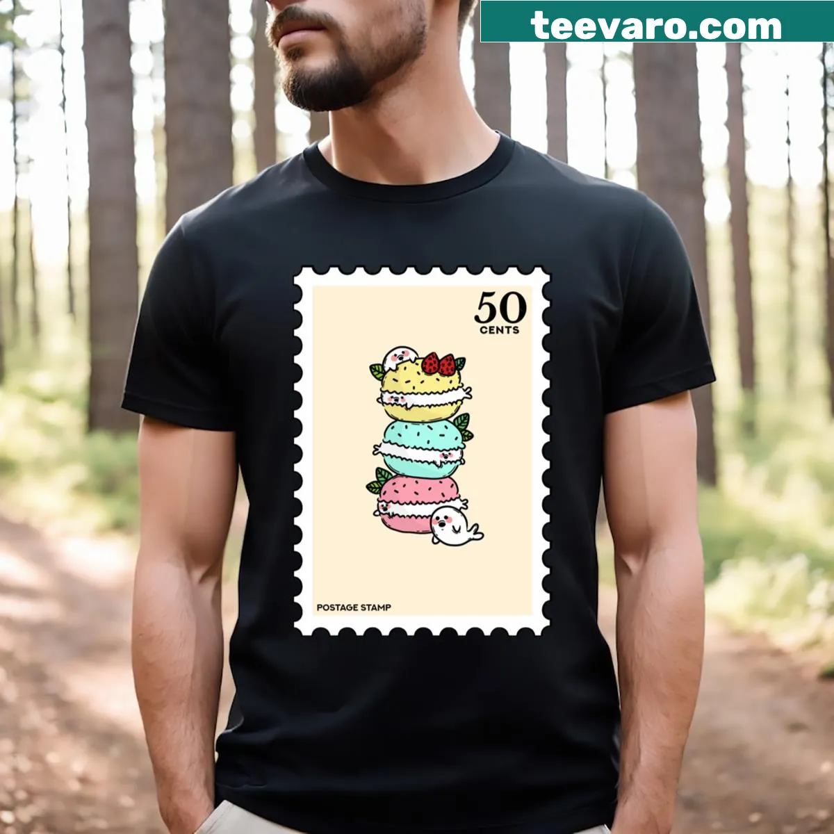 T-shirt featuring a cute seal enjoying macarons — on a men's t-shirt