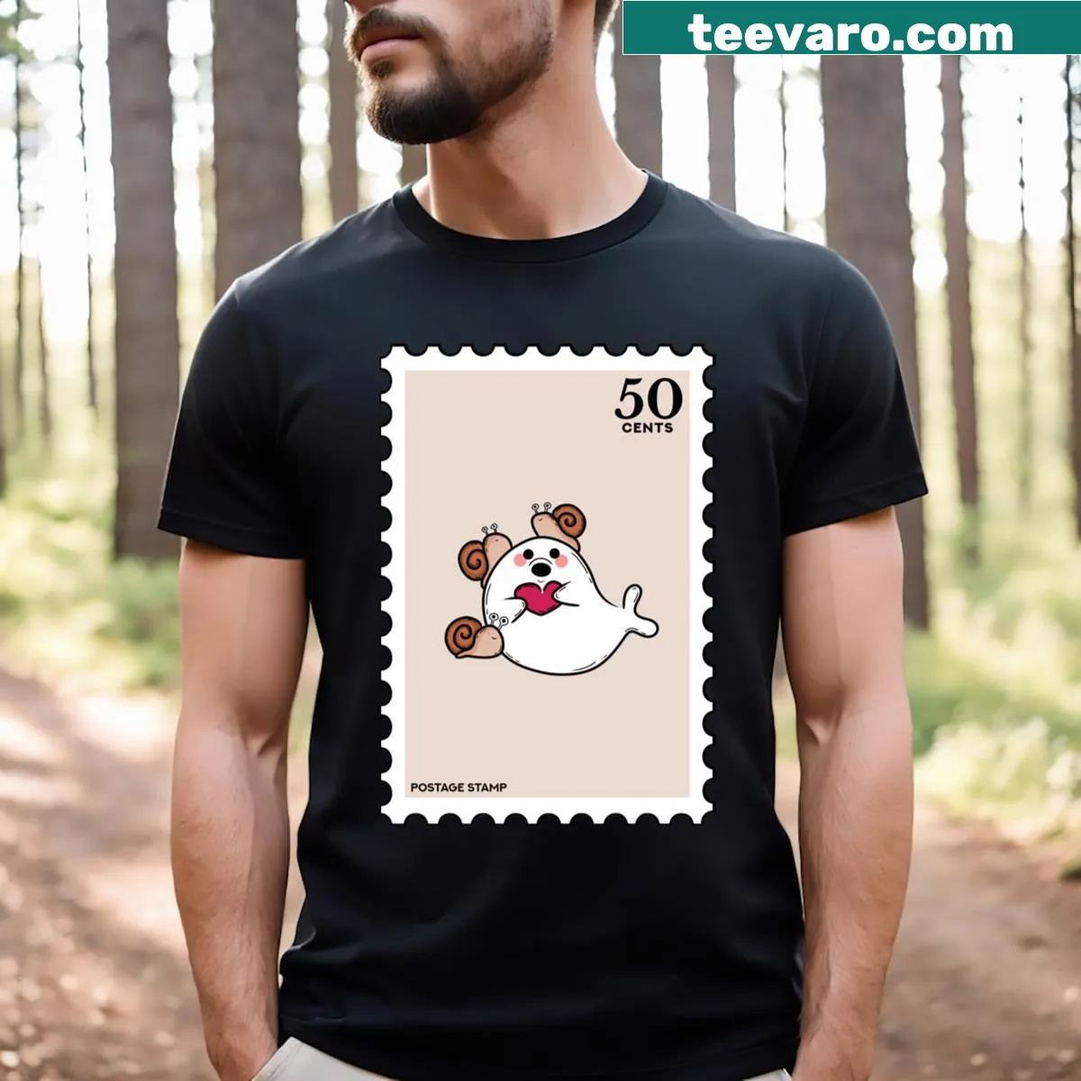 Playful graphic of a seal and snail in a stamp design — on a men's t-shirt