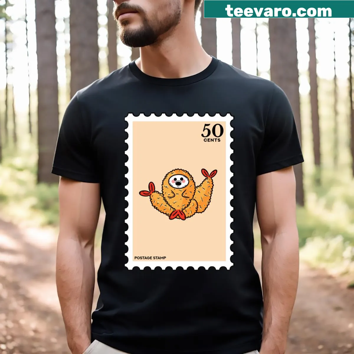 Illustrated seal and tempura graphic in a stamp design — on a men's t-shirt