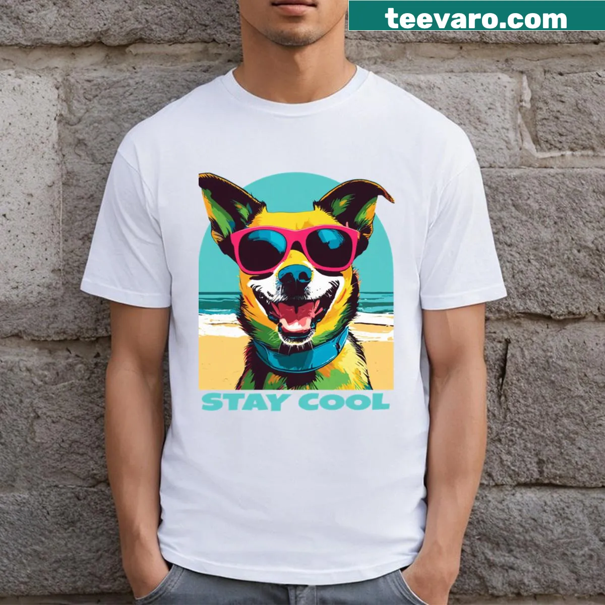 Funny t-shirt featuring a dog graphic and playful text encouraging to 'stay cool'. — on a men's t-shirt