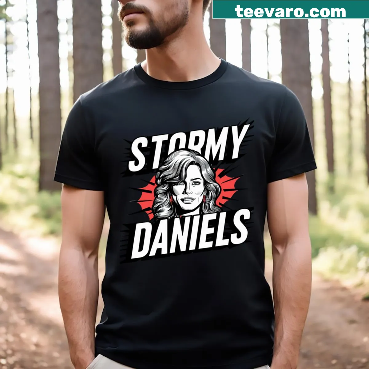 Graphic T-shirt featuring Stormy Daniels design — on a men's t-shirt