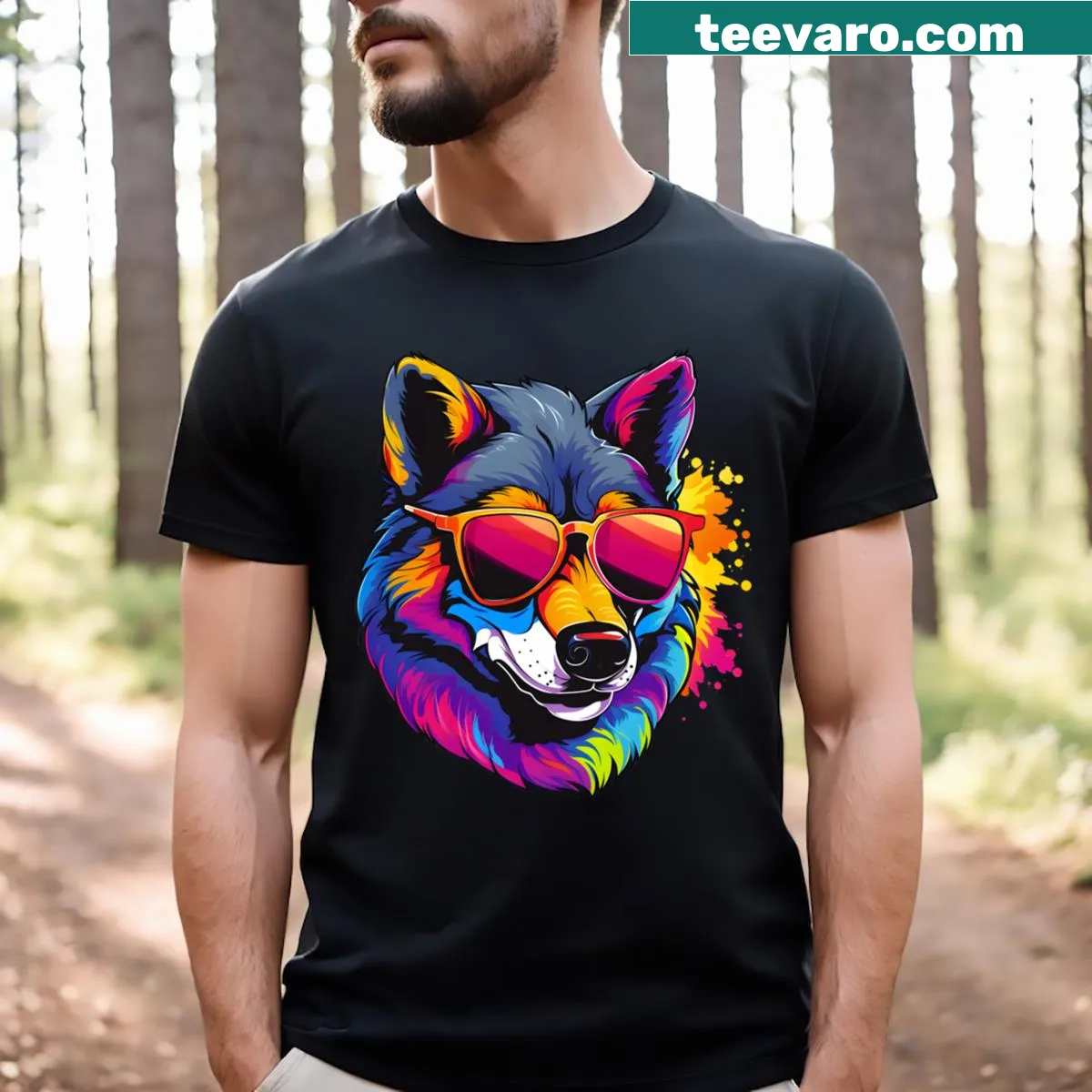 Funny illustration of a cool wolf wearing sunglasses on a t-shirt — on a men's t-shirt