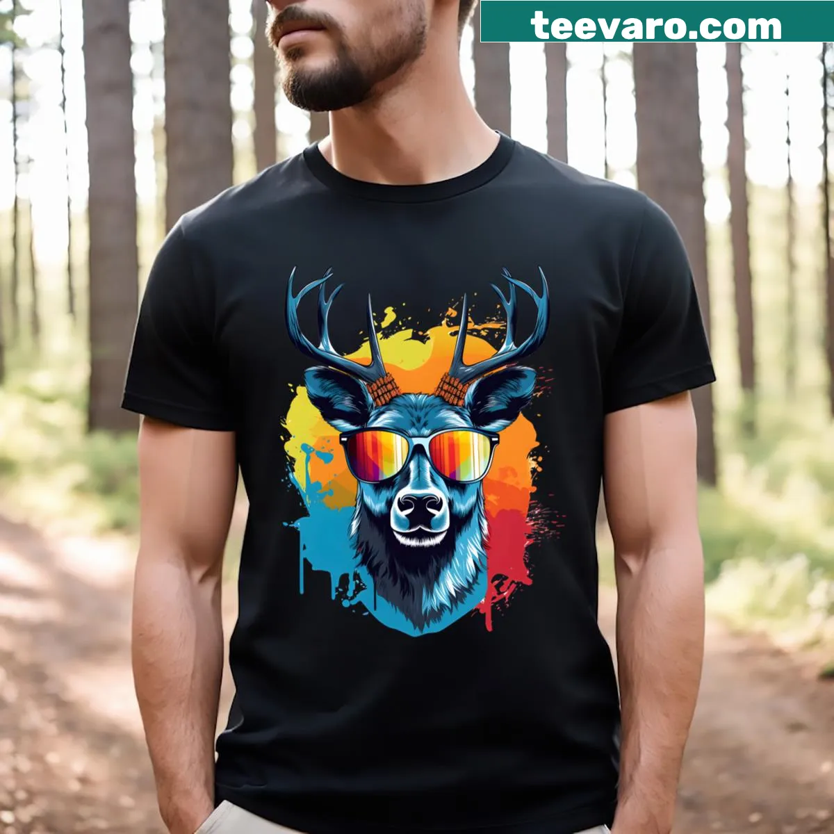 Cool gangsta deer in sunglasses depicted on a humorous summer T-shirt. — on a men's t-shirt
